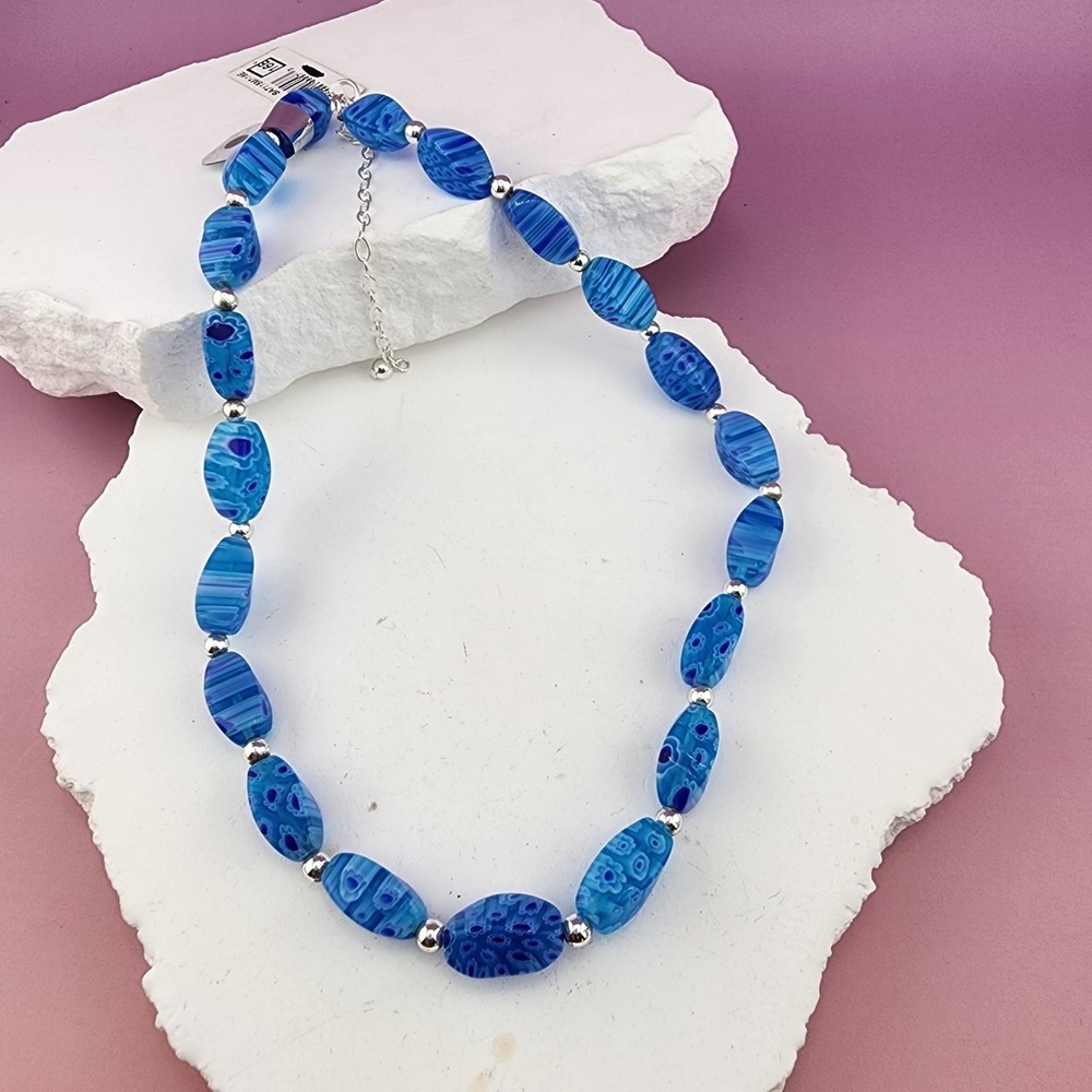 Jessica McCormack Sterling Silver Blue Millefiori Glass Bead Necklace Mosaic